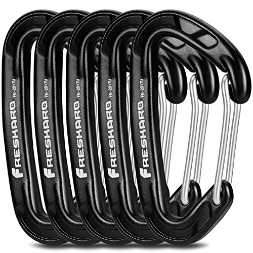 FresKaro 5pcs Carabiner Clips, caribeener clip Heavy Duty, Small Sturdy Key Keychain Accessory, Spring Snap Wiregate Hook, 8kN 1798lbs, for Hiking, Camping, Fishing, Not for Climbing, Mini Size, Black