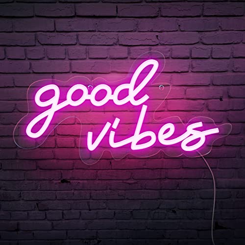 Coconeon Good Vibes Neon Sign with Dimmable Switch Powered by USB , Pink LED Neon Signs for Wall Decor,Neon Lights for Bedroom(16.1*8.3″)