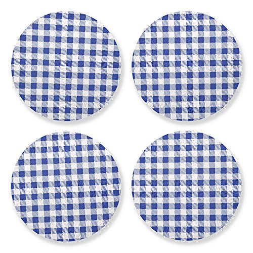 xigua Blue And White Checkered Coasters for Drinks, Wooden Heat-Resistant Non-slip Absorbent Round Coaster for Kitchen Homes Bar Various Party Restaurants 4pcs