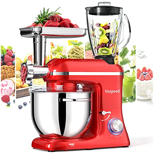Vospeed 5 IN 1 Stand Mixer, 850W Tilt-Head Multifunctional Electric Mixer with 7.5 QT Stainless Steel Bowl, 1.5L Glass Jar, Meat Grinder, Hook, Whisk, Beater Dishwasher Safe – Red