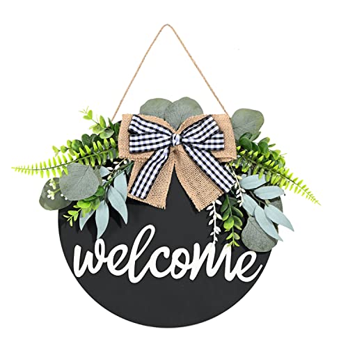 Welcome Wreaths Spring Wreath for Front Door Farmhouse Signs Eucalyptus Wreath Rustic with Buffalo Bow Outdoor Decor Succulent Wreath Front Porch Decoration Door Wreaths for Spring Summer Decoration