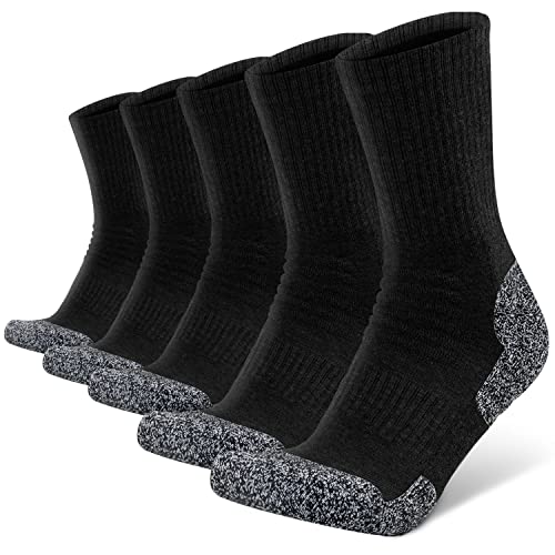 KEECOW Men’s Crew Socks, 5 Pairs Athletic Cushioned Socks For Working Hiking (Medium, Black (5 Pairs))