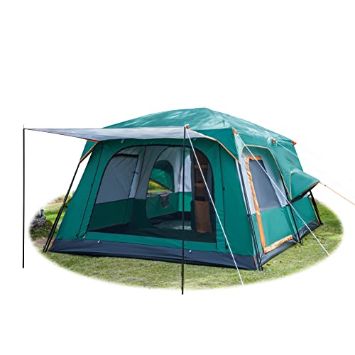 KTT Large Family Cabin Tent 10 Person,14.1X10X7ft,2 Rooms,3 Storage Pockets,2 Bay-Windows 3 Doors and 3 Windows with Mesh,Straight Wall,Waterproof,Double Layer,Big Tent for Outdoor,Camping.