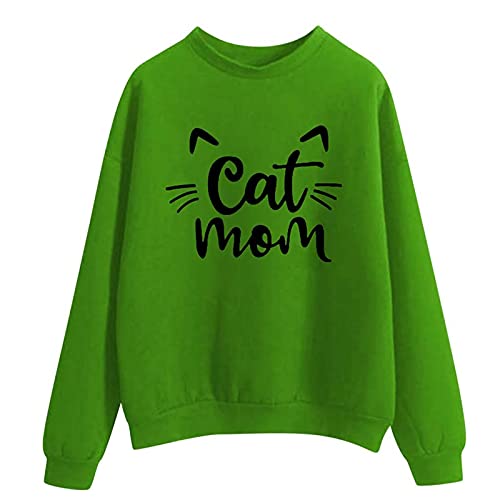 TIEMIHAZA Cute Cat Mom Sweatshirt Women Cat Mama Shirt Teenager Long Sleeve Letter Print Tshirt Tops Green, TIEMIHAZA 777, Large