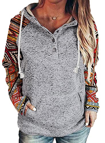 Womens Winter Fall Button Collar Patchwork Color Block Long Sleeve Knit Stitching Drawstring Hooded Sweatshirts Hoodies for Women Pullover Casual Fashion T-Shirts Tops Gray Large