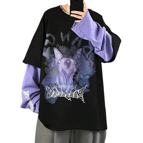 Goth Cat Shirt Gothic Shirt Fake Two-Piece Alternative Clothing Goth Cat Sweatershirt Grunge Clothes (Black,L,Large)