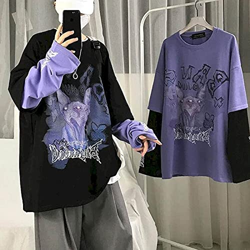 Goth Cat Shirt Gothic Shirt Fake Two-Piece Alternative Clothing Goth Cat Sweatershirt Grunge Clothes (Black,L,Large) | The Storepaperoomates Retail Market - Fast Affordable Shopping