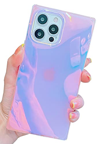 KERZZIL Cute Holographic Compatible with iPhone 13 Pro Max Square Case (2021) 6.7-inch, Slim Colorful Glossy Soft TPU Silicone Protective Durable Cases Cover for Women Girls Blue Purple