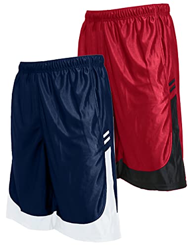 OLLIE ARNES Mens Athletic Gym Workout Shorts with Pockets in Packs or Single, Mesh or Dazzle Athletic Basketball Shorts MESH2_S2 NAVWH_REDBK X-Large
