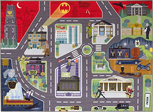 KC Cubs | Batman Gotham City™ Road Map Educational Learning & Game Area Rug Carpet for Kids and Children Bedrooms and Playroom