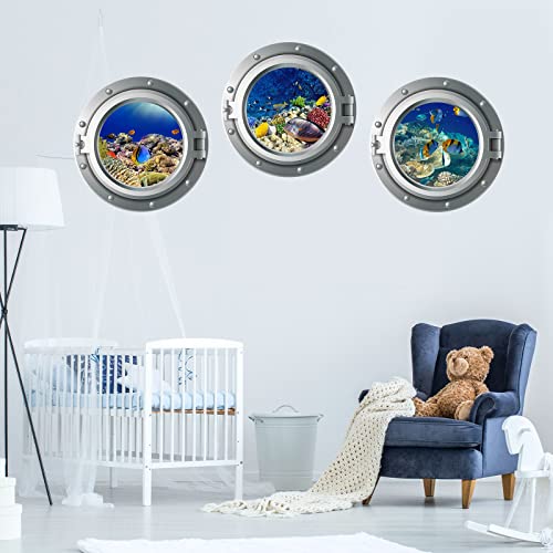 Erllsino 3Pcs Ocean World Wall Stickers 3D Porthole Under The Sea Wall Sticker Sea Life Wall Decals Removable Fish Coral Reef Wall Stickers Ocean Animal Wall Decal Mural for Room Nursery