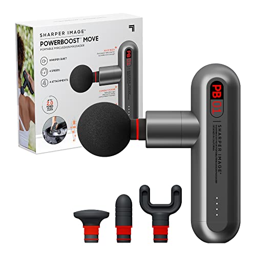 Sharper Image Deep Tissue Portable Percussion Massage Gun, Powerboost Move Full Body, Back & Neck Muscle Massager with 4 Attachment Heads – Handheld Rechargeable Electric Massage Gun for Athletes