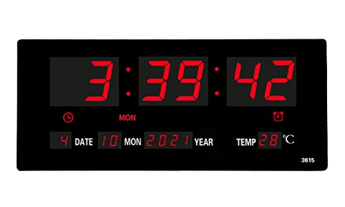 LOTCAIN 14.1 Inch Oversized LED Digital Wall Clock with Indoor Temperature, Seconds, Date, Day, Memory Function Adapter Included, Wall Decorative for Living Room, Office, Conference Room, Bedroom，Red