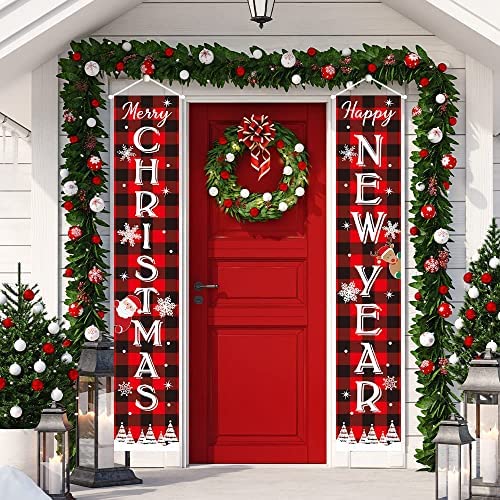 Christmas Porch Banner，Merry Christmas Banner，Porch Christmas Decorations， Christmas Porch Sign – Black Red Plaid Christmas Decorations Outside – 70”x12”