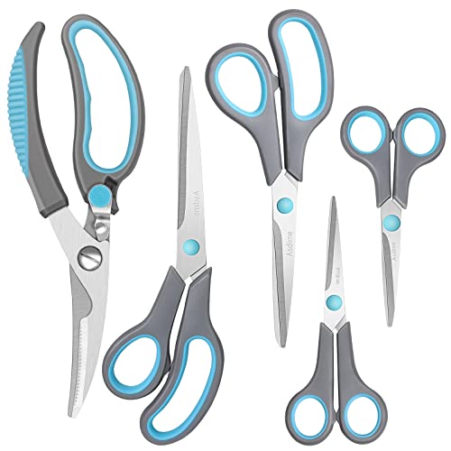 Asdirne Premium Kitchen Scissors Set, Kitchen Shears, Food-Grade Stainless Steel Blades, Ergonomic Rubber Handle, Include 1 Poultry Shears and 4 All Purpose Scissors, 9.1”/9.6″/8.5″/6.4″/5.4″
