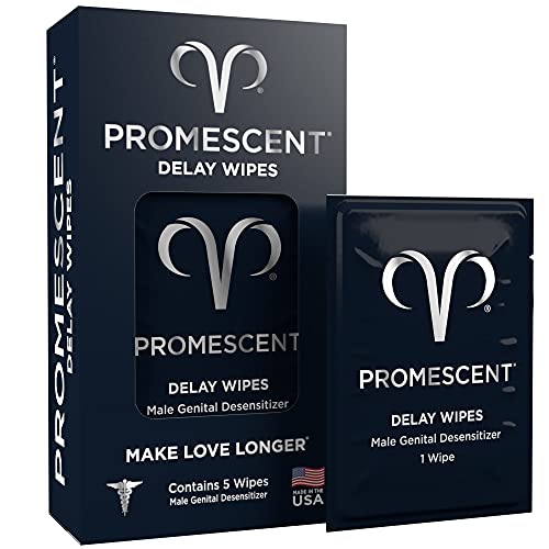 Promescent Delay Wipes Sexual Enhancer for Men to Last Longer in Bed, Extended Climax Control with Benzocaine for Male Genital Desensitizing – Increase Duration, Performance, and Stamina, 5 Count