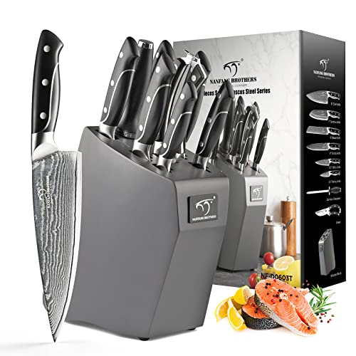 Damascus Knife Set for Kitchen, Kitchen NANFANG BROTHERS Damascus Steel VG10 Kitchen Knife Set with Block, ABS Ergonomic Handle Included Chef Knife, Knife Sharpener and Kitchen Shears, 9 PCS