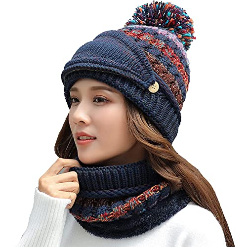 HISQIM Fleece Lined Women Knit Beanie Scarf Mask Set for Girl Winter Ski Hat with Pompom Navy