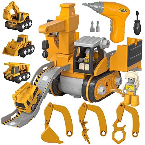Construction Truck Toys for 3 4 5 6 Years Old Toddlers Kids Boys and Girls, STEM Take Apart Toys Cars with Electric Drill, 4 in 1 Construction Vehicles Crane Excavator Drilling Car Timber Grab Truck
