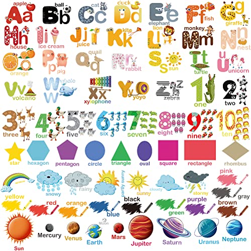 Cualfec 9 Sheet Alphabet Number Color Weather Planet Learning Educational Wall Decals Alphabet Weather Color Educational Wall Stickers Classroom Wall Decals for Kids Playroom Bedroom Decorations