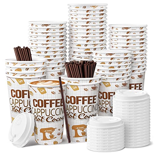 KPX 72 Sets Disposable Coffee Cups with Lids, White Brown To Go Paper Cups, 16 Ounce Hot Drink Cups with Lids & Straws for Office Parties Home Travel (Coffee Beans)