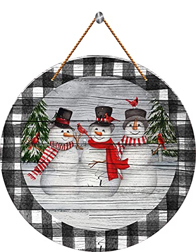 RIFOSA Round Wooden Hanging Front Door Decor Sign Christmas Wreath Sign Snowman Trio Winter Snowman Sign,Wall Decoration Bar Home Round 12X12 Inches