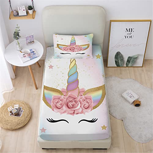 Zillons NiuOne Dreamy Unicorn Eyelash Twin Size Bed Sheets Set for Girls,Cartoon Floral Eyelash Unicorn Stars Bedding Fitted Sheets, Unicorn Rainbow Color Sheet Set Kids Bedroom 2 Piece Sheets Set