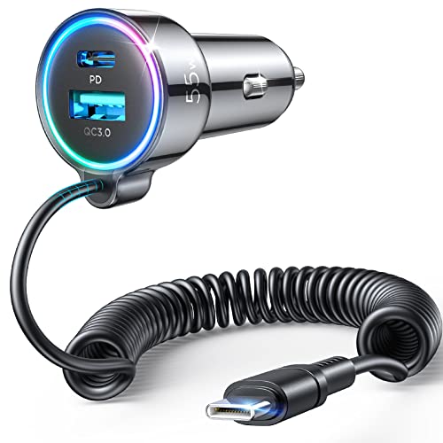 USB C Car Charger, 55W 3-Fast Port Super Fast Car Charger PD& QC3.0 with 5ft 30W Super Fast Type C Coiled Cable, Car Charger for Samsung Galaxy S22/21/iPhone/Google Pixel/Moto/LG/Android, iPad Pro