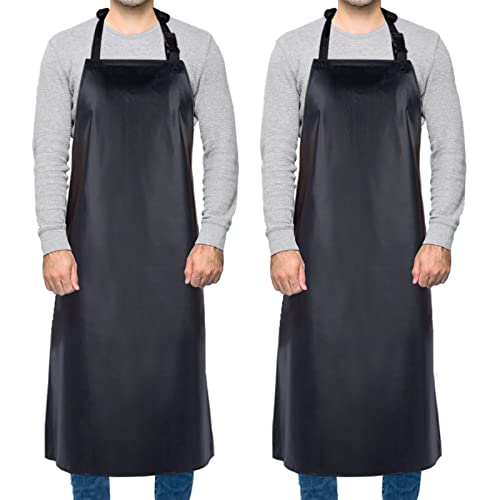 2 Pack Waterproof Rubber Black Vinyl Apron for Men 39″ Lightweight Chemical Resistant Industrial Work Apron Adjustable Plastic Aprons for Dishwashing Butcher Dog Grooming Lab Work Fish Cleaning