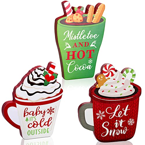 3 Pieces Christmas Wooden Block Signs Xmas Coffee Wood Signs Winter Season Drinks Tabletop Decoration for Christmas Holidays Birthday Winter Theme Parties Home Table Decorations (Elegant Style)