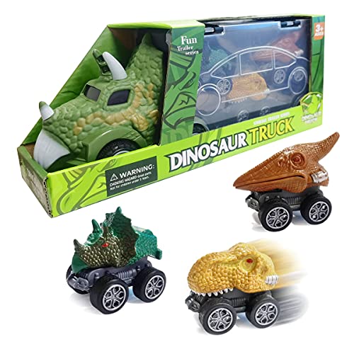 Dinosaurs Carrier Truck, Dino Transport Toy Vehicles with 3 Mini Dinosaur Pull Back Cars, Perfect Christmas Stocking Stuffers Gifts for 3+ Year Old Kids and Boys