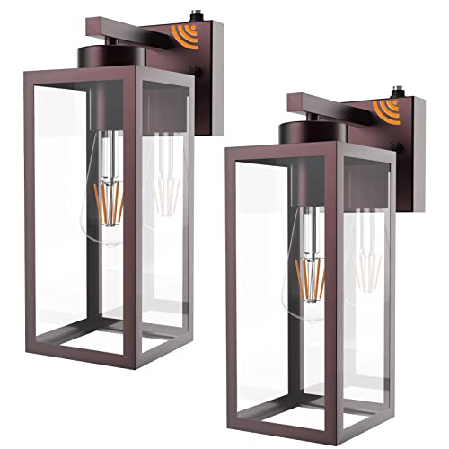 Tipace Dusk to Dawn Outdoor Wall Lantern,Brown Sensor Exterior Light Fixtures,Exterior Wall Sconce with Clear Glass Shade for Doorway Entryway Garage 2 Pack (Bulb Not Included)