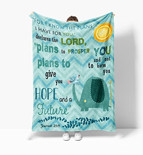 Yamco Elephant Throw Blanket Christian Gifts for Kids Religious for Christian Friends 50″x 40″ God Bless Bible Verse Church Communion Baby Shower with Inspirational Proverbs Scripture Flannel Blankets