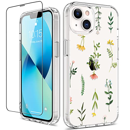 GiiKa for iPhone 13 Case with Screen Protector, Clear Full Body Protective Floral Girls Women Shockproof Hard Case with TPU Bumper Cover Phone Case for iPhone 13, Grass Flowers
