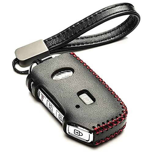 Vitodeco Genuine Leather Smart Key Fob Case Compatible for Kia Soul, Seltos, Sportage, NIRO, Sorento, Telluride, Rio, Forte, K5, Stinger 2019-2022 (5-Button, Black/Red)