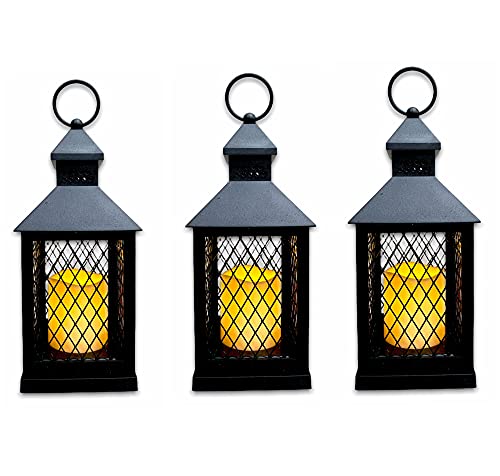 THE NIFTY NOOK Farm House Lanterns {3 Pc Set} 10″ Decorative Lanterns with Flameless LED Lighted Candle, 5HR Timer, Weather Resistant – Indoor Outdoor Home, Garden, Weddings (3 Pack – Black)
