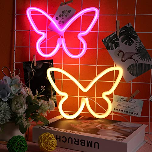 2 Pieces Butterfly Neon Signs Butterfly LED Light 3-AA Battery Powered, USB Operated Wall Neon Light Decor Butterfly Neon Wall Art for Bedroom Wedding Birthday Party Home Decor (Pink, Warm White)