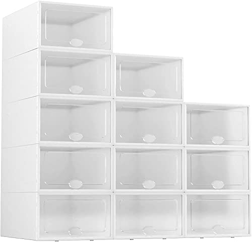 YOUHEKAN Stackable Shoe Storage Box 12 pack clear plastic stackable shoe boxes Foldable Sneaker Storage stackable shoe organizer Fit for Size 11（white)
