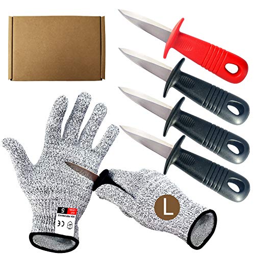 Oyster Shucking Knife with Cut Resistant Gloves, Oyster Knife Set in Level 5 Protection Gloves, Opener Shucker Kit Tools for Oyster Clam Shellfish Seafood (3 Black 1 Red)