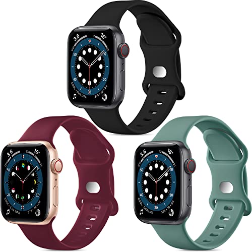 3 pack Compatible with Apple Watch Band 38mm 40mm 41mm 42mm 44mm 45mm for women man,Soft Silicone Sport Replacement Bands for iWatch Series 7 6 5 4 3 2 1 SE Black & Wine red & Green