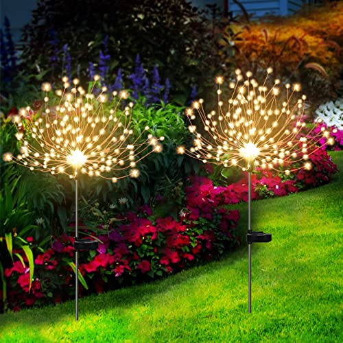 Havelock Outdoor Solar Garden Lights 2 Pack, 120 LED Solar Firework Light 8 Lighting Modes Decorative Stake Landscape Light Waterproof Copper Wire Light for Garden Pathway Party Decor(Warm White)