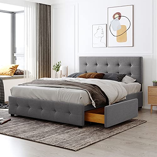 Queen Storage Bed, Upholstered Platform Bed Frame with 4 Storage Drawers and Headboard , Button Tufted Wooden Slat Support Queen Size in Light Gray Fabric