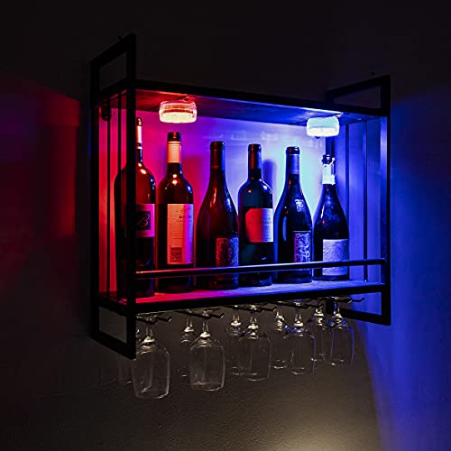 LED Wine Rack Wall Mounted , Wine Bottle Stemware Rack, 23.6In Rustic Metal Hanging Wine Holder with 5 Stem Glass Holders for Wine Glasses, 16 RGB Dimmable Colors with Remote Control (23.6 in)