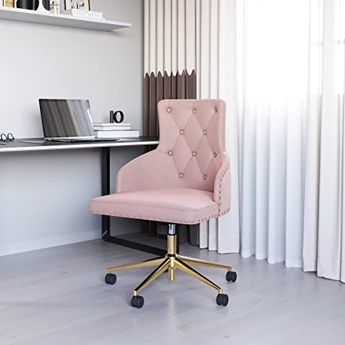 BELLEZE Modern Velvet Desk Chair for Home Office or Bedroom Vanity, Tufted Upholstered Seat with Slim Arms, Adjustable Height, Swivel, Wheels – Belden (Pink)