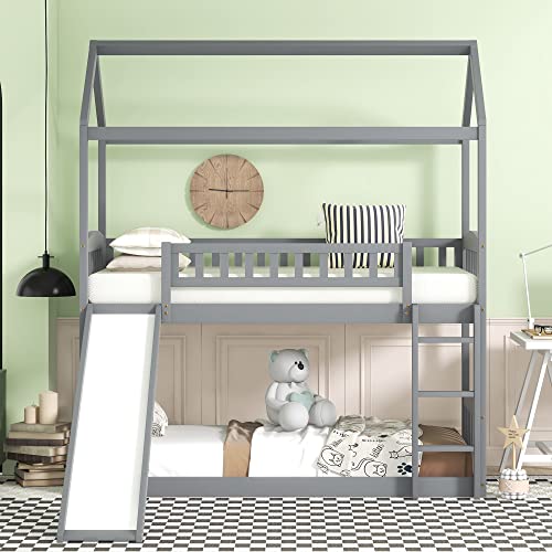 CITYLIGHT House Bunk Bed with Slide for Kids ,Wood Twin Over Twin Bunk Beds with Slide , Floor Toddler Bunk Beds for Girls, Boys (Twin Over Twin ,Grey)