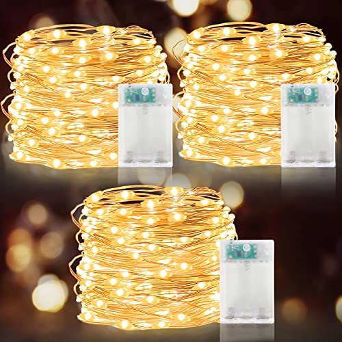 [ Timer ] 3 Pack Fairy Lights Battery Operated String Lights, Total 90LED 30Ft Waterproof Copper Wire Fairy Lights for Wedding Party Bedroom Home Yard Indoor Outdoor Decor, Each 30LED 10Ft(Warm White)