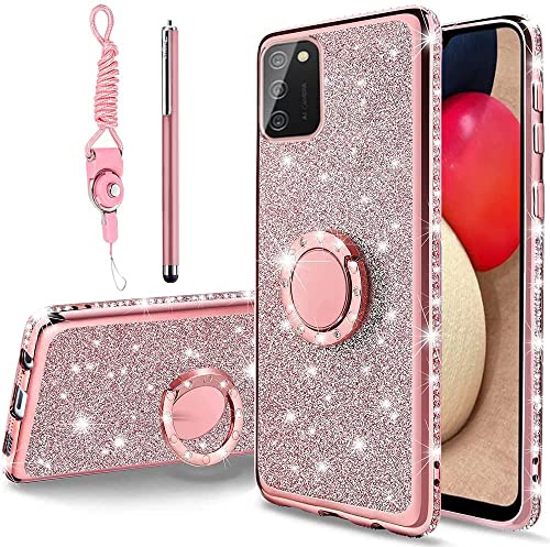 B-wishy for Samsung Galaxy A02S Phone Case with Stylus Pen, Luxury Glitter Sparkles Cute Silicone TPU Case for Women Girls with Kickstand, Bling Rhinestone Slim Case for Galaxy A02S,Pink
