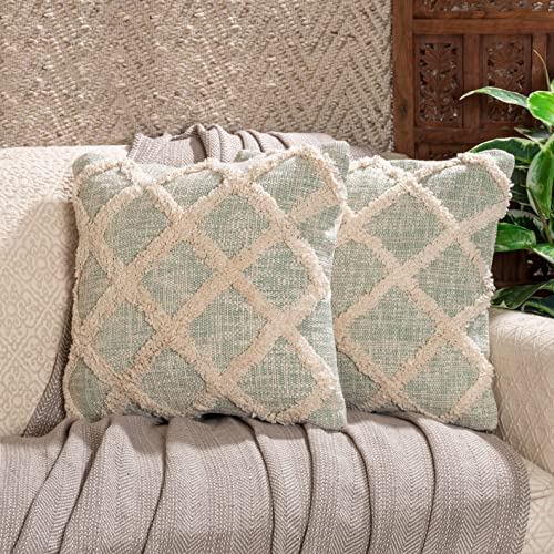Studio Outback Boho Diamond Tufted Decorative Throw Pillow Covers 18×18 Cotton Covers Couch Pillows Set of 2 for Sofa Armchair Bedroom (18×18 inch, Green)
