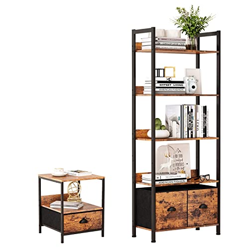 Furologee 5-Tier Bookshelf, Tall Bookcase with 2 Storage Drawers+Nightstand with Drawer, End Table with Storage Shelf
