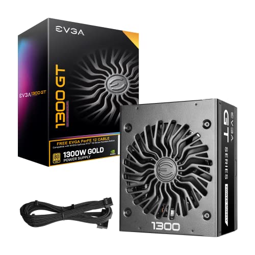 EVGA SuperNOVA 1300 GT + Free PerFE 12 Cable, 80 Plus Gold 1300W, Fully Modular, Eco Mode with FDB Fan, 10 Year Warranty, Includes Power ON Self Tester, Compact 180mm Size, Power Supply 220-GT-1300-XR